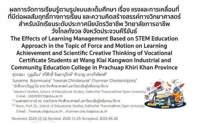 ผลการจัดการเรียนรู้ตามรูปแบบสะเต็มศึกษา เรื่อง แรงและการเคลื่อนที่ ที่มีต่อผลสัมฤทธิ์ทางการเรียน และความคิดสร้างสรรค์ทางวิทยาศาสตร์ สำหรับนักเรียนระดับประกาศนียบัตรวิชาชีพ วิทยาลัยการอาชีพ วังไกลกังวล จังหวัดประจวบคีรีขันธ์