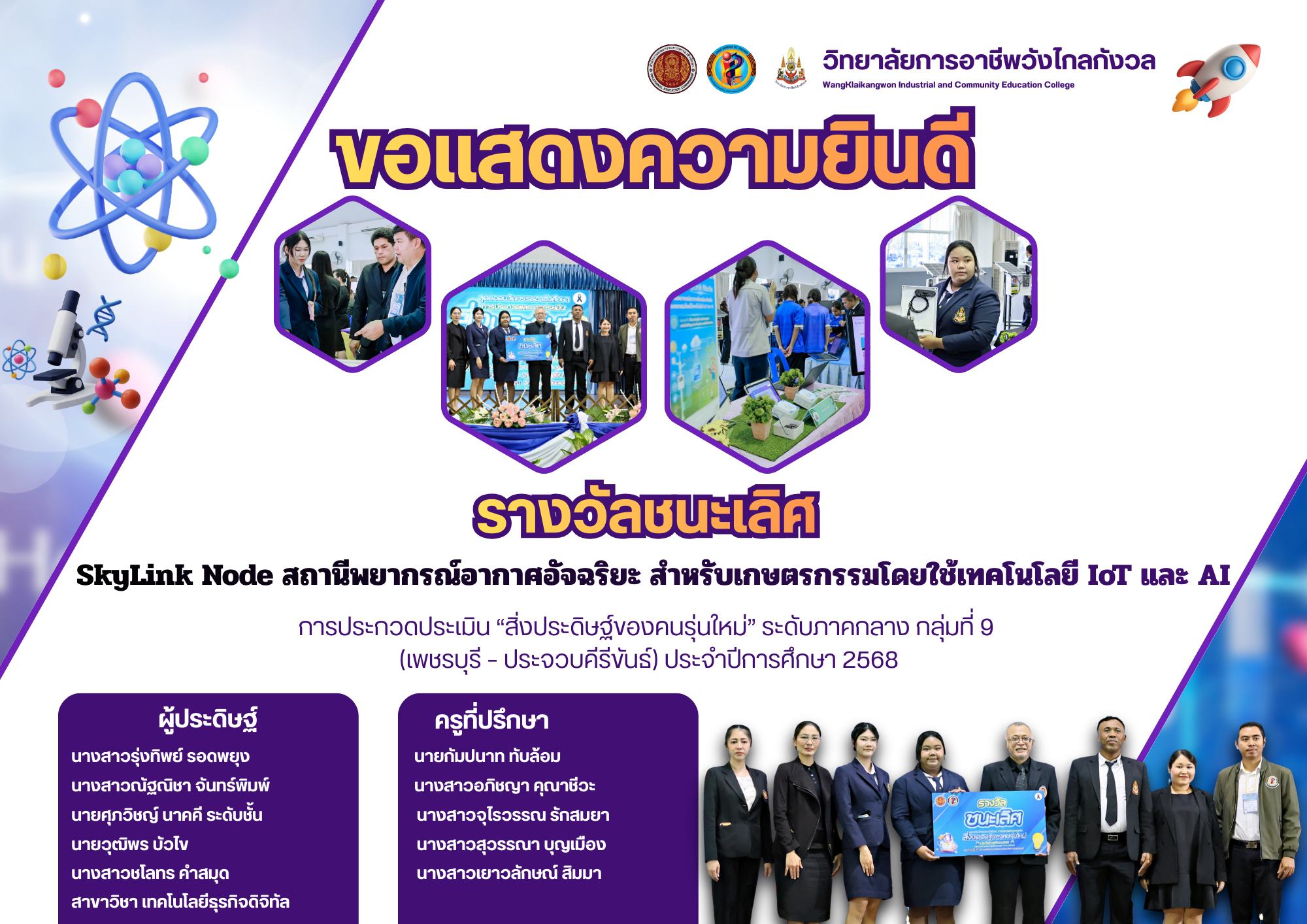 วิทยาลัยการอาชีพวังไกลกังวล ขอแสดงความยินดี กับคณะครูผู้ควบคุม และ ตัวแทนนักเรียน นักศึกษา ในการประกวดประเมิน “สิ่งประดิษฐ์ของคนรุ่นใหม่” ระดับภาคกลาง กลุ่มที่ 9 (เพชรบุรี – ประจวบคีรีขันธ์) ประจำปีการศึกษา 2568 