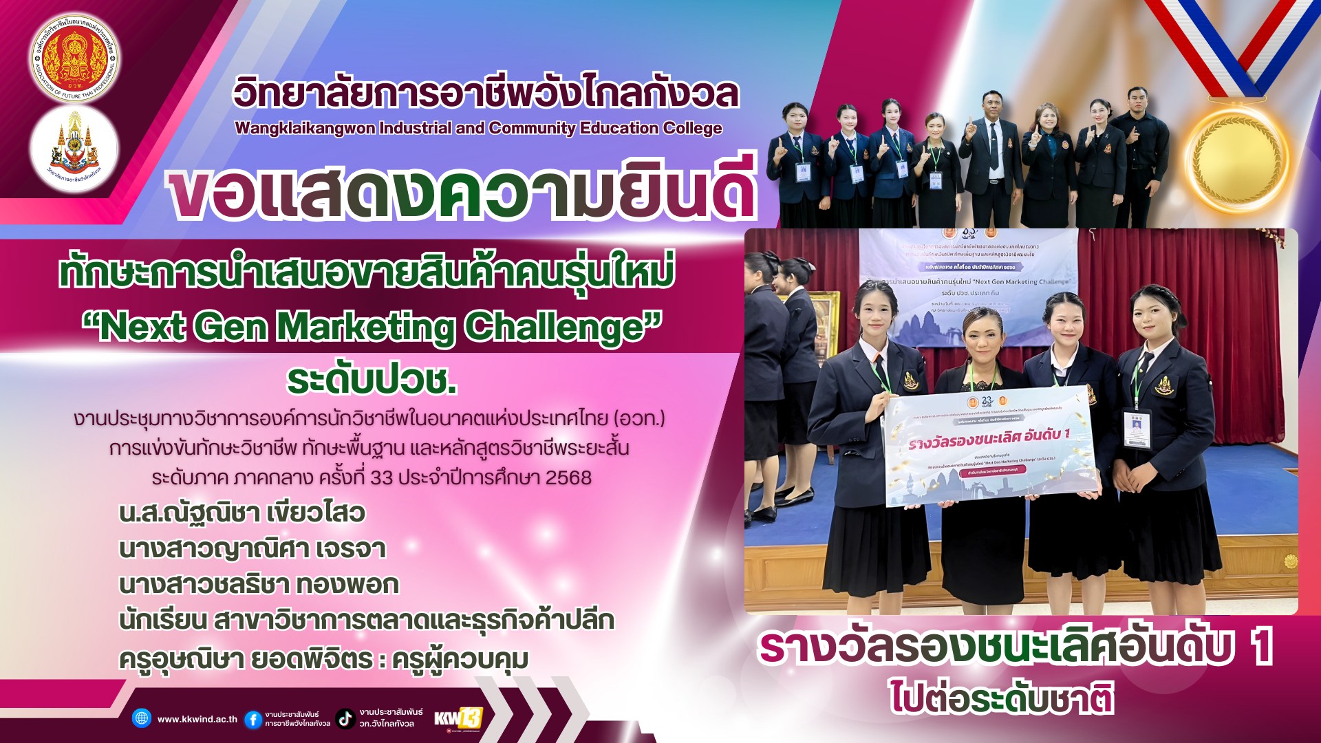 วิทยาลัยการอาชีพวังไกลกังวล ขอแสดงความยินดีกับนักเรียนที่ได้รับ รางวัลรองชนะเลิศอันดับ1 จากการแข่งขัน ทักษะการนำเสนอขายสินค้าคนรุ่นใหม่ “Next Gen Marketing Challenge”