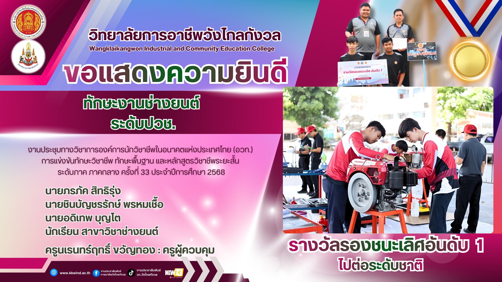 วิทยาลัยการอาชีพวังไกลกังวล ขอแสดงความยินดีกับนักเรียนที่ได้รับ รางวัลรองชนะเลิศอันดับ1 จากการแข่งขัน ทักษะงานช่างยนต์
