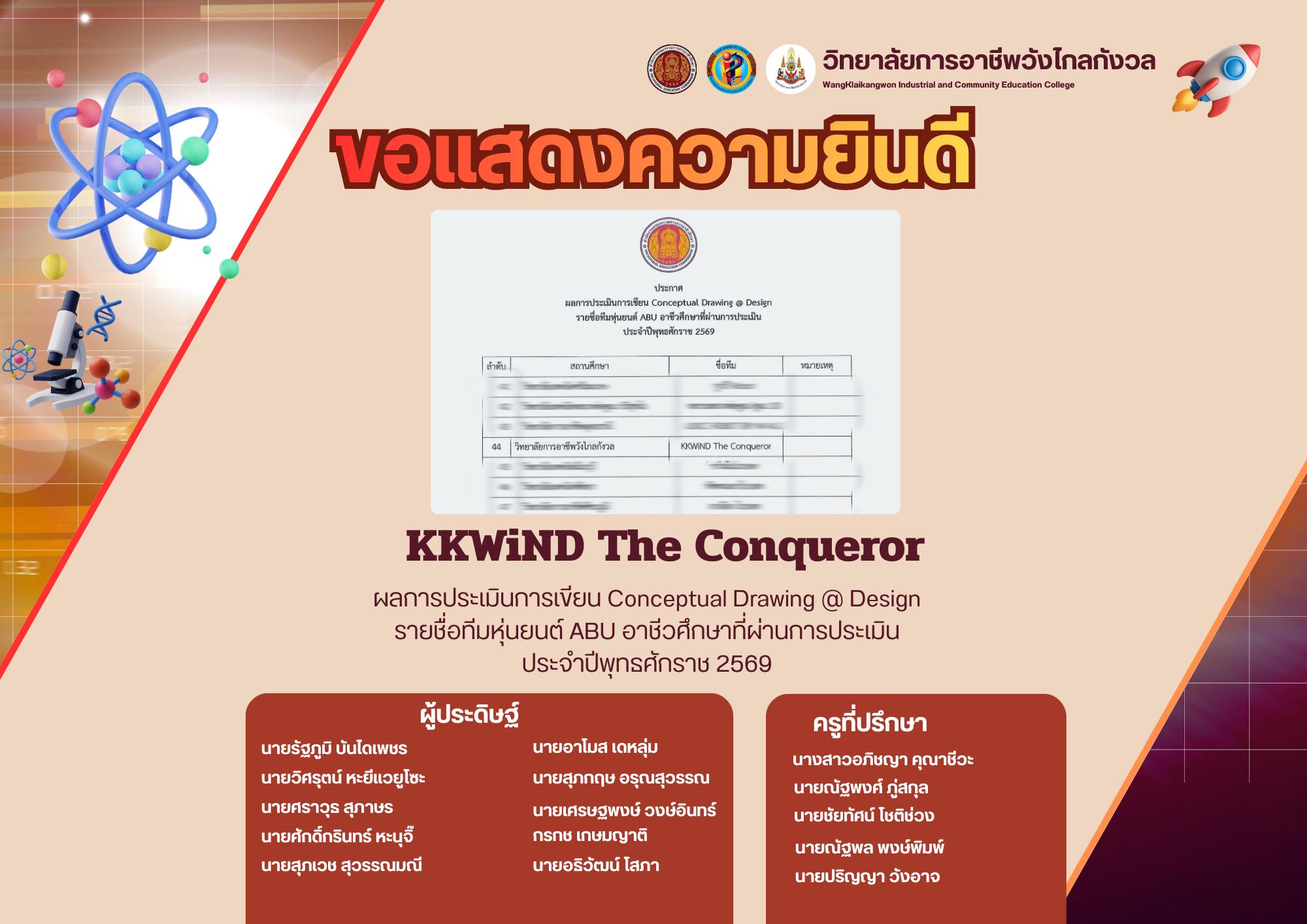 วิทยาลัยการอาชีพวังไกลกังวล ขอแสดงความยินดีทีม KKWiND The Conqueror เนื่องในโอกาสผ่านการประเมิน Conceptual Drawing @ Design รายชื่อทีมหุ่นยนต์ ABU อาชีวศึกษาที่ผ่านการประเมิน