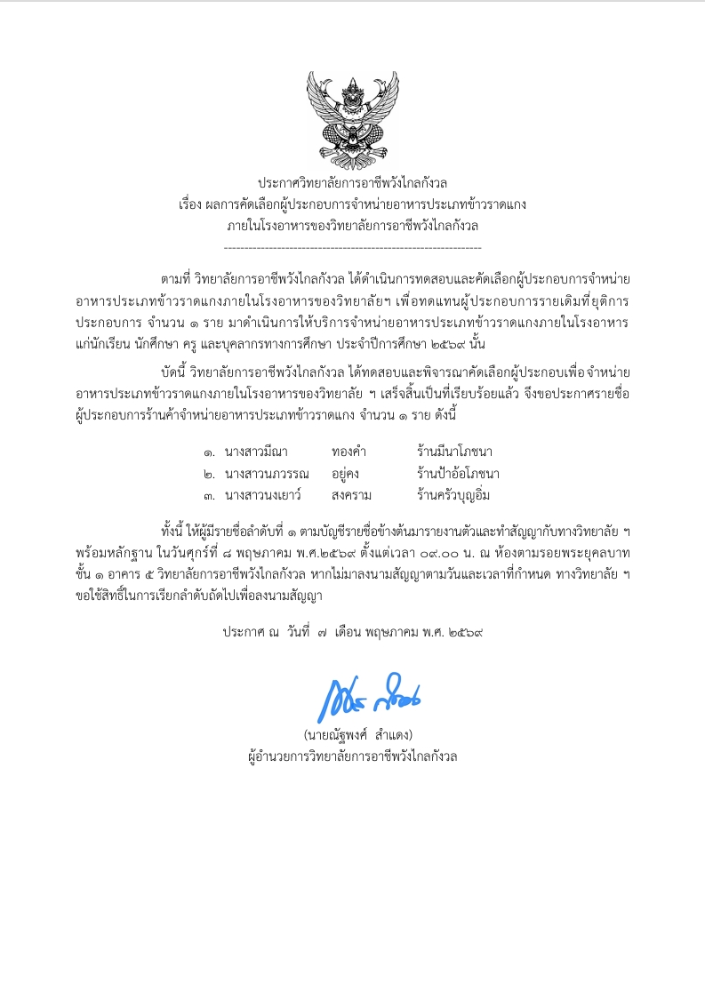 ? ประกาศวิทยาลัยการอาชีพวังไกลกังวล เรื่อง ผลการคัดเลือกผู้ประกอบการจำหน่ายอาหารประเภทข้าวราดแกง ภายในโรงอาหารของวิทยาลัย